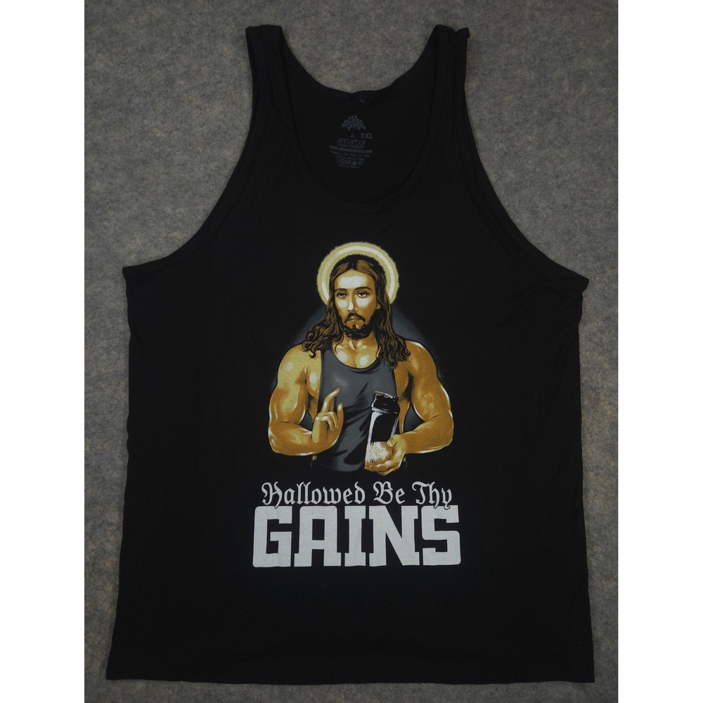 Ann Arbor Shirt Co Hallowed Be Thy Gains Jesus Tank Top Black Mens 2XL Gym Shirt